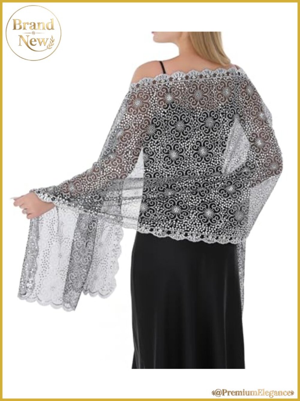 Sequin Chiffon Shawl Wrap with Fringe Formal Evening Cover for Women